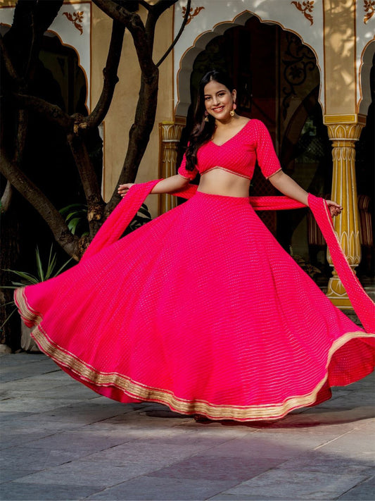 Odette Pink Georgette Printed Semi Stitched Lehenga With Unstitched Blouse For Women