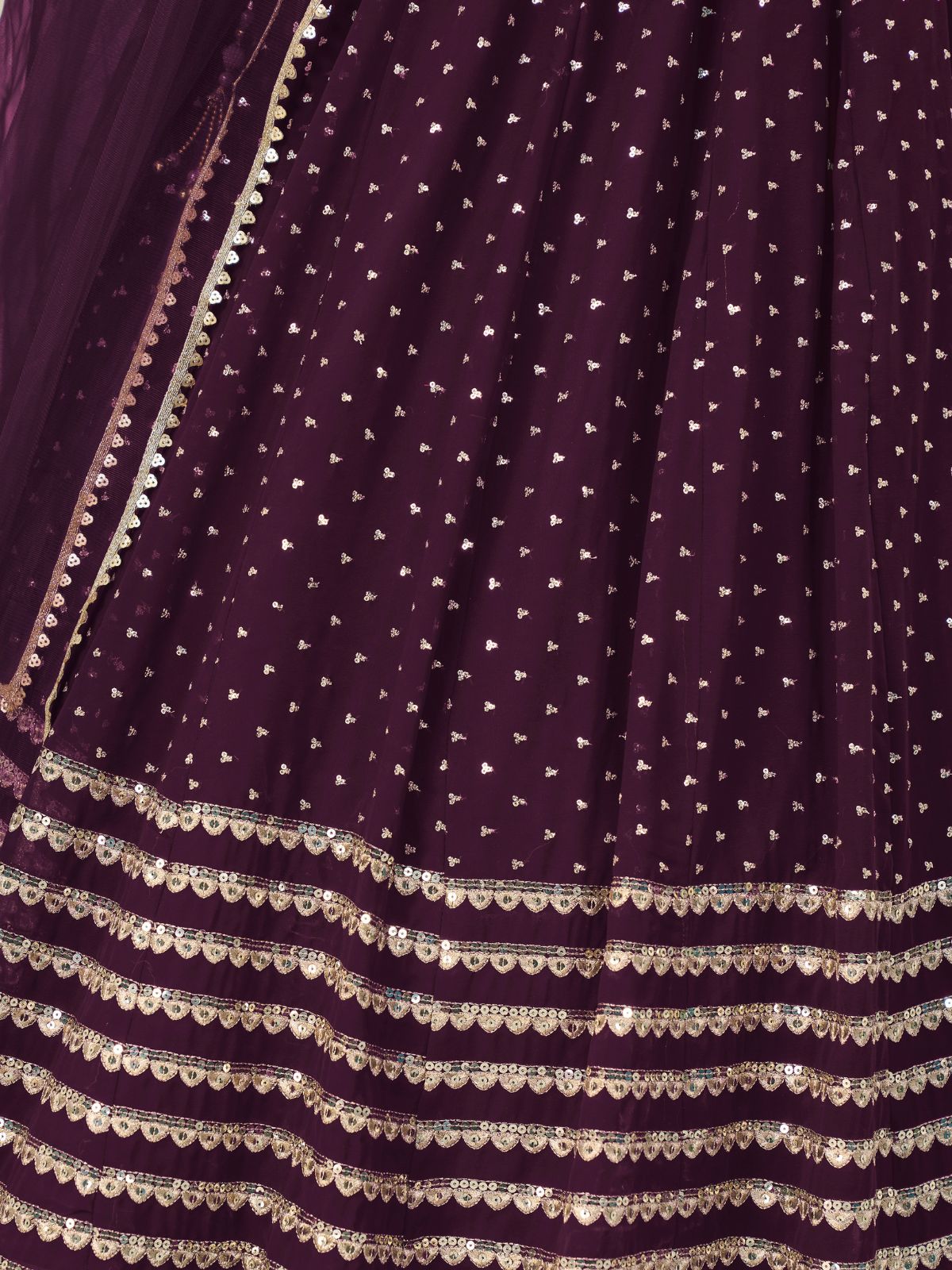 Odette Wine Georgette Embellished Semi Stitched Lehenga With Unstitched Blouse For Women