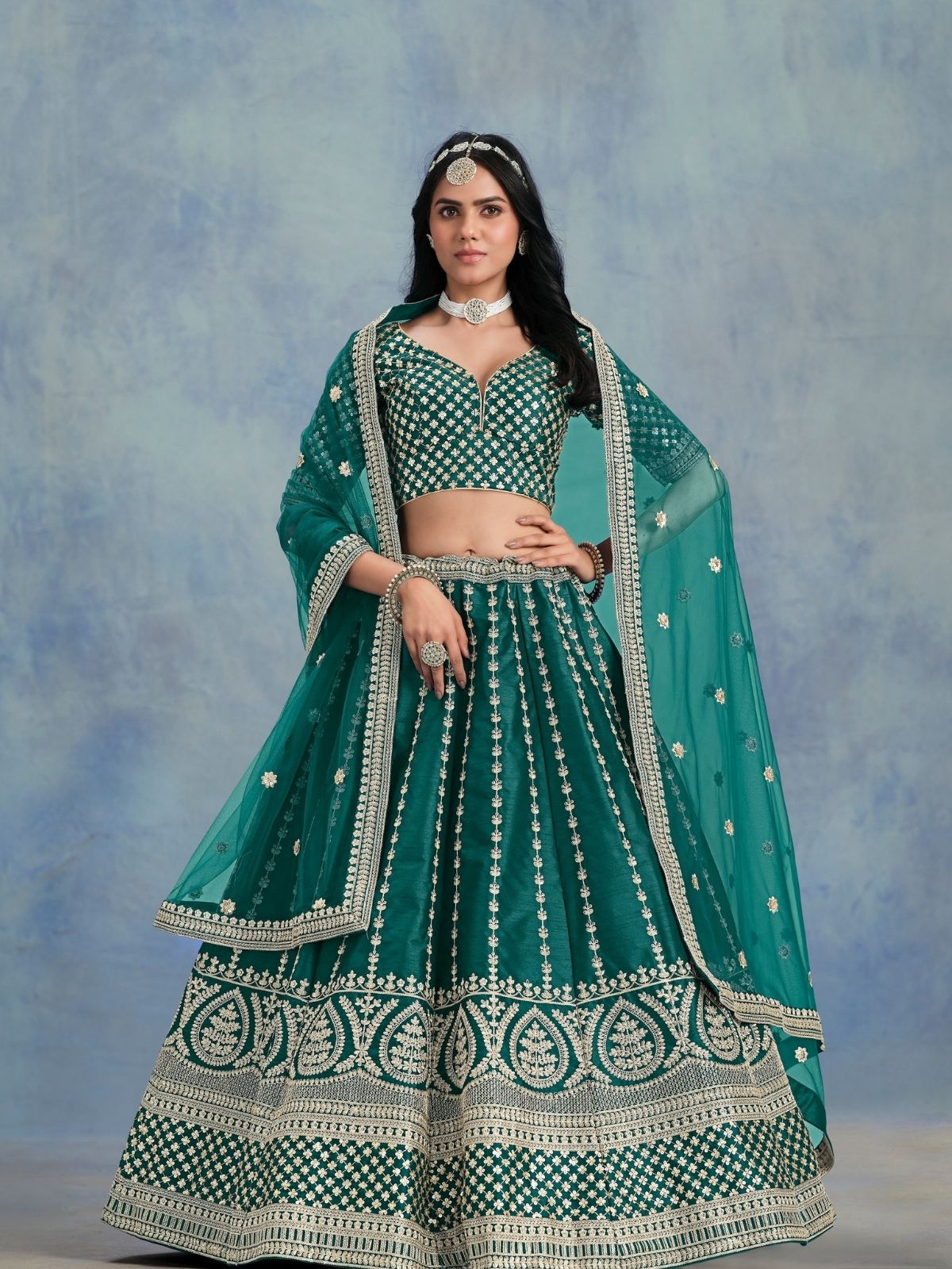 Odette Teal Green Art Silk Embellished Semi-Stitched lehenga For Women