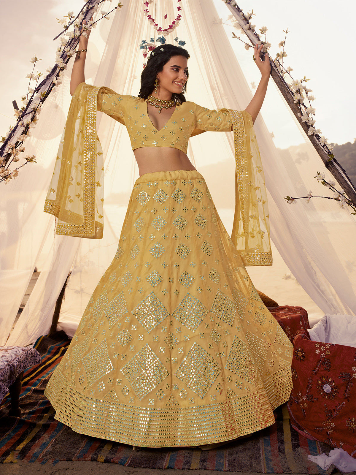 Odette Mustard Embroidered Organza Semi Stitched Lehenga With Blouse For Women