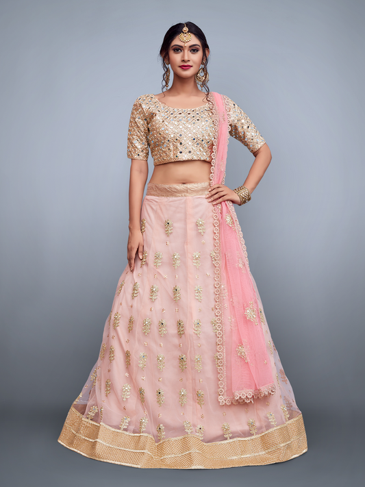 Odette Women Pink Embroidered Art Silk Semi Stitched Lehenga With Unstitched Blouse