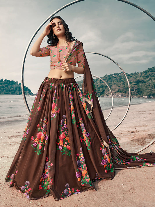 Odette Brown Printed Organza Semi Stitched Lehenga With Blouse For Women