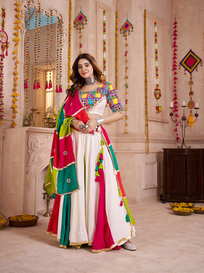 Odette Multicolor Viscose Cotton Embroidered Semi-Stitched Lehenga Choli For Women