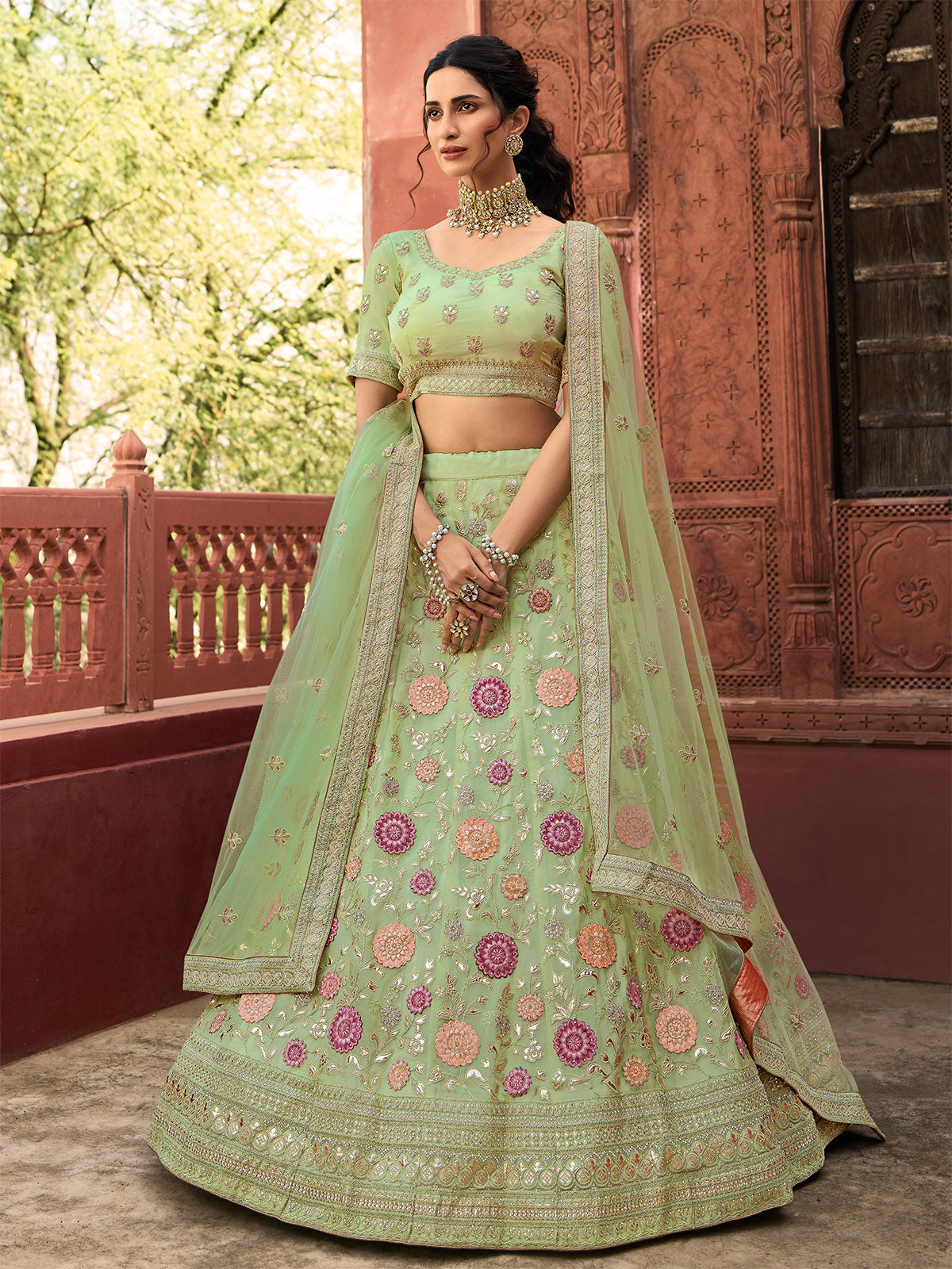 Odette Olive Embroidered Organza Semi Stitched Lehenga With Blouse For Women