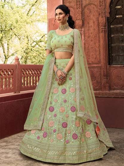 Odette Olive Embroidered Organza Semi Stitched Lehenga With Blouse For Women