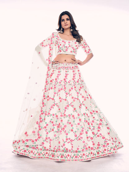 Odette White Embroidered Soft Net Semi Stitched Lehenga With Blouse For Women