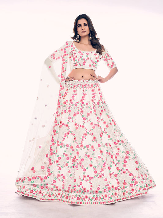Odette White Embroidered Soft Net Semi Stitched Lehenga With Blouse For Women