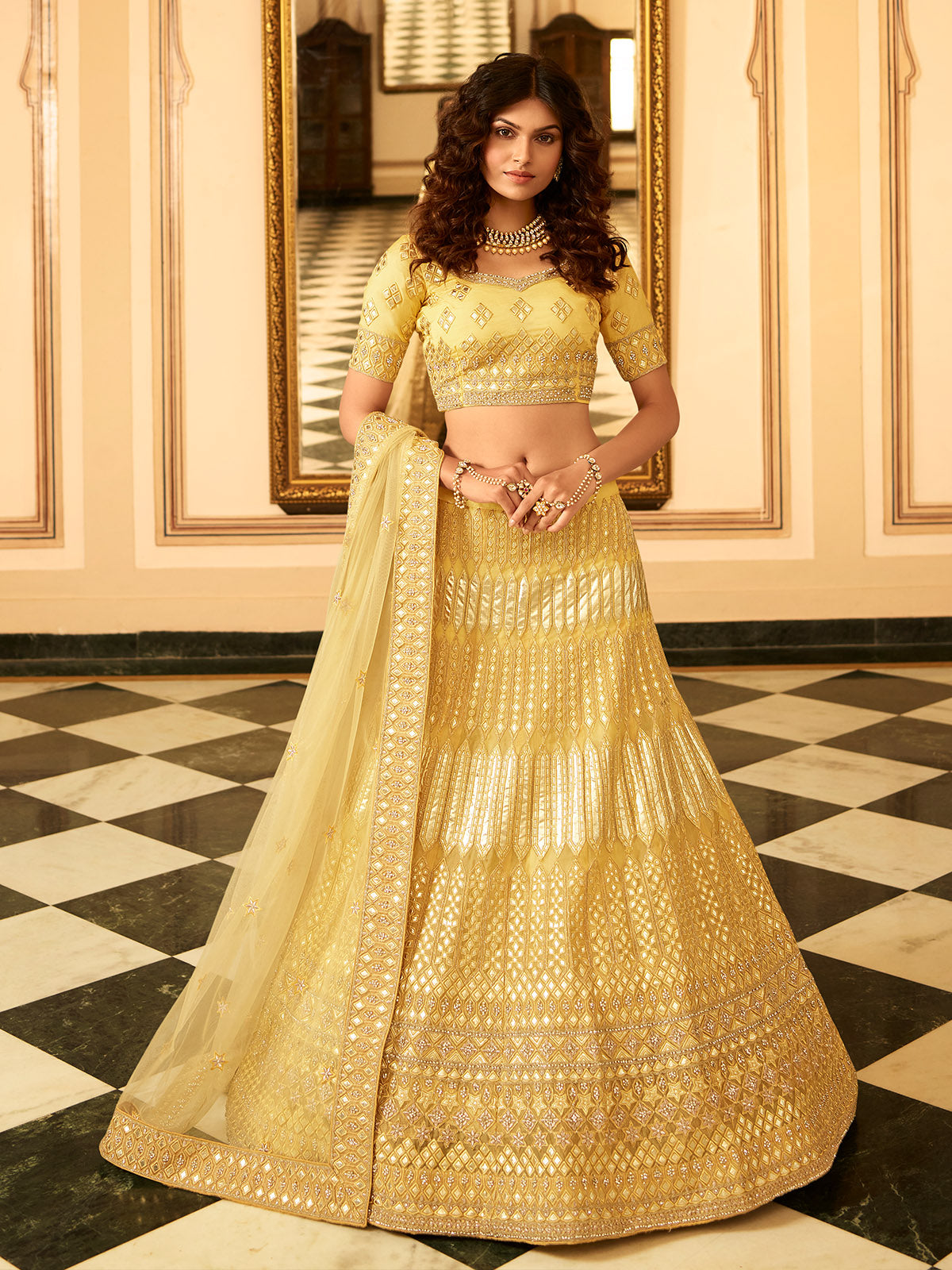 Odette Mustard Embroidered Organza Semi Stitched Lehenga With Blouse For Women