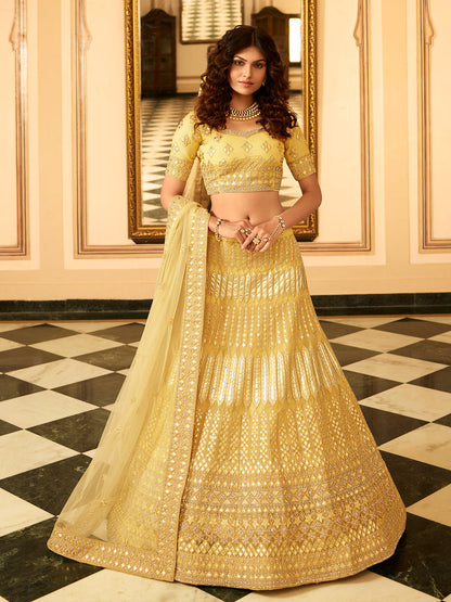 Odette Mustard Embroidered Organza Semi Stitched Lehenga With Blouse For Women