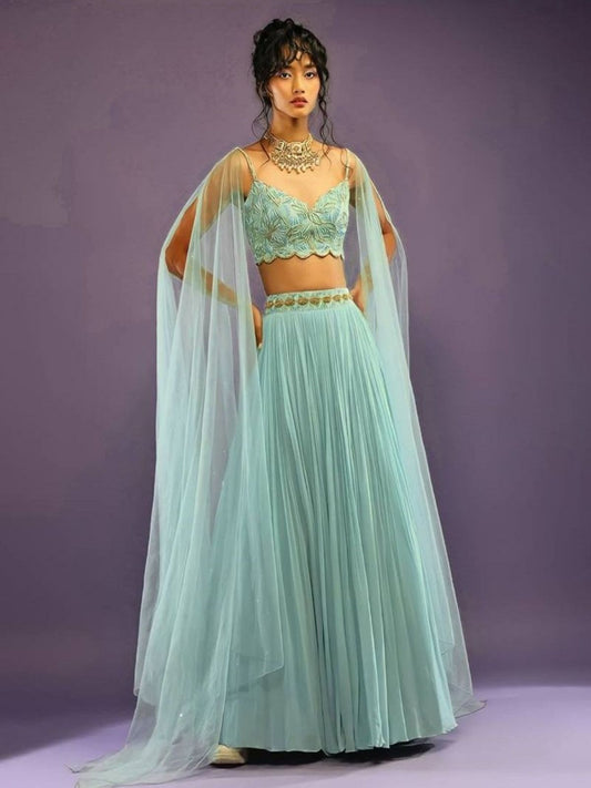 Odette Sky Blue Georgette Solid Semi-Stitched Lehenga For Women