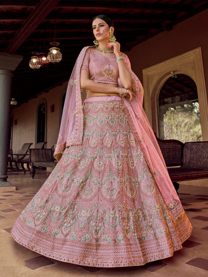 Odette Pink Embroidered Georgette Semi Stitched Lehenga With Blouse For Women