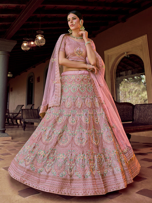 Odette Pink Embroidered Georgette Semi Stitched Lehenga With Blouse For Women