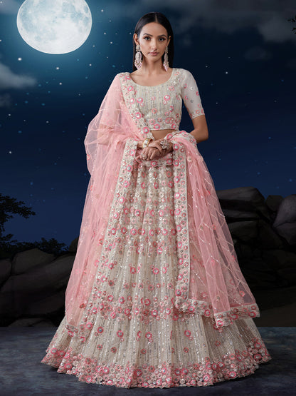 Odette Off White Embroidered Soft Net Semi Stitched Lehenga With Blouse For Women
