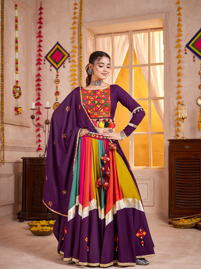 Odette Multicolor Viscose Cotton Embroidered Semi-Stitched Lehenga Choli For Women