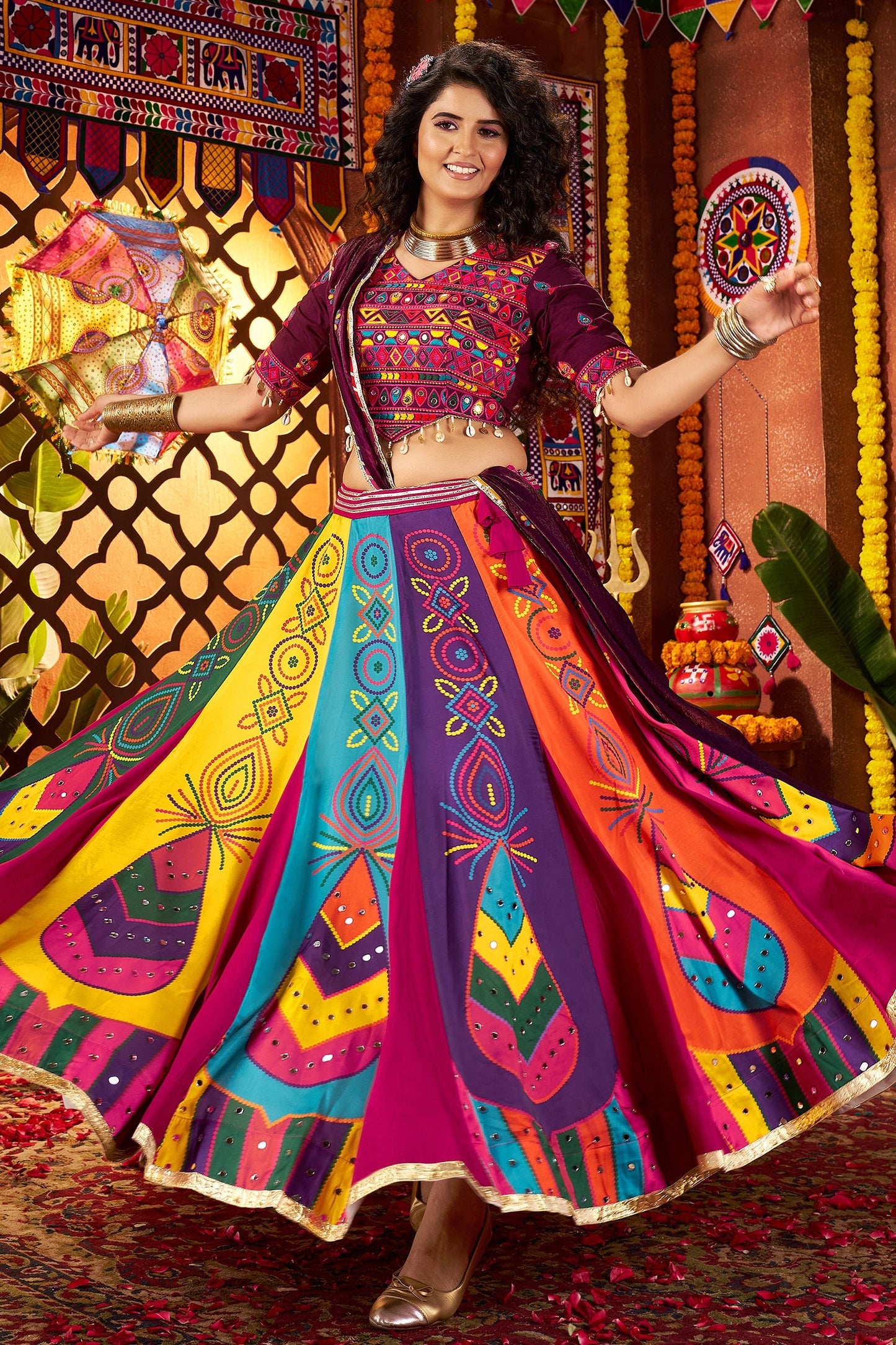 Multi Colored Printed and Mirror Worked Chaniya Choli