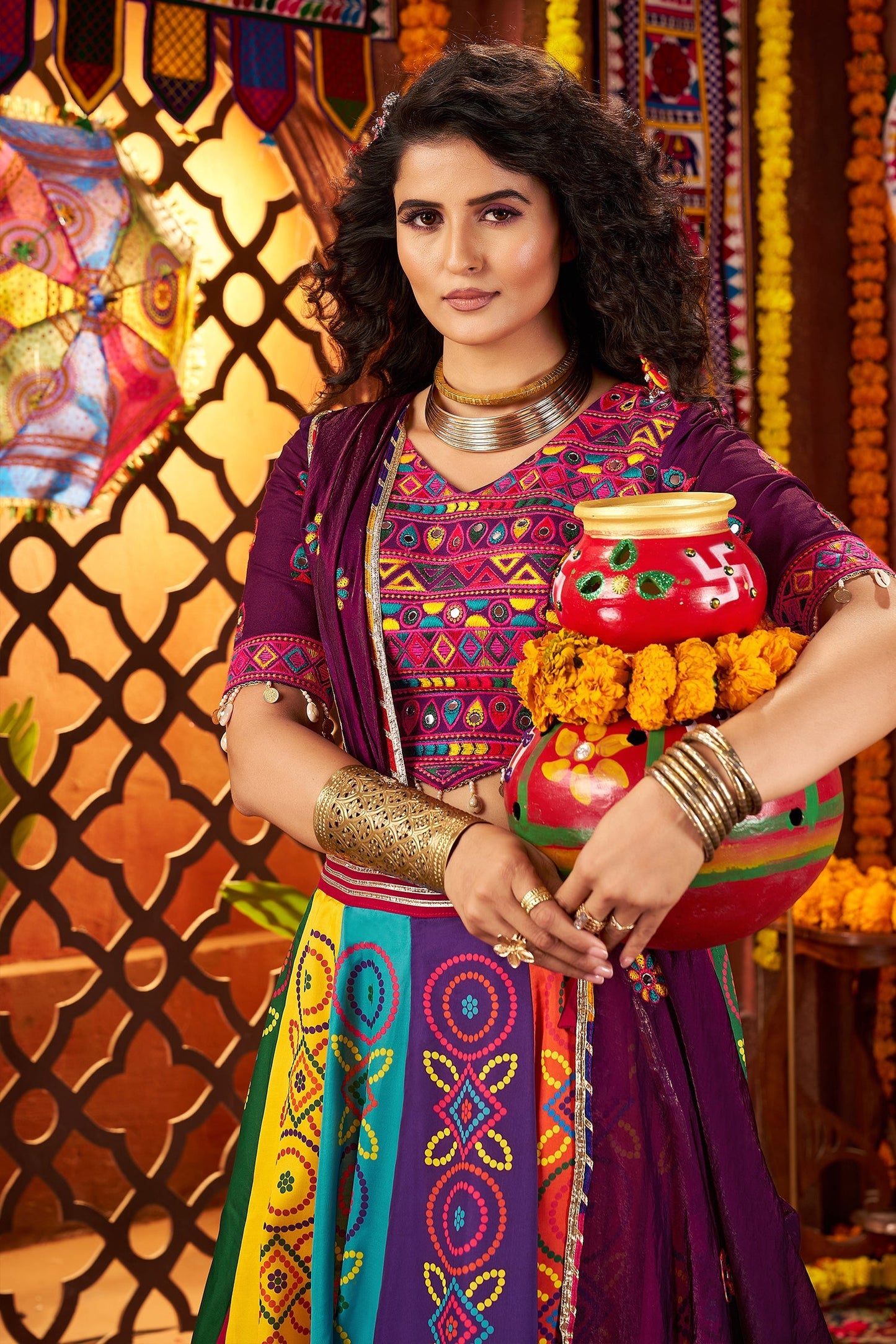 Multi Colored Printed and Mirror Worked Chaniya Choli