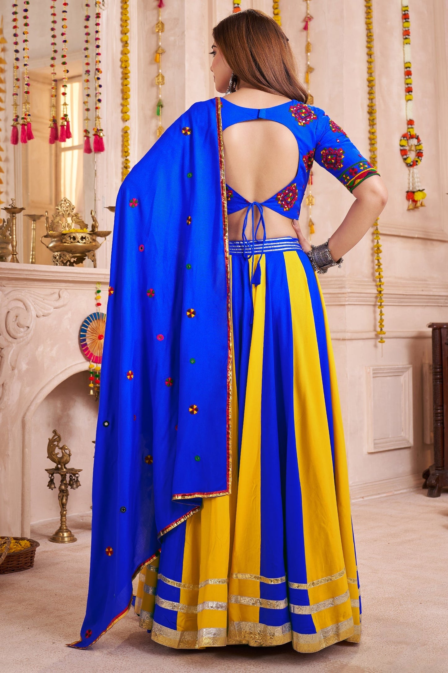 Multi Colored Viscose Flared Chaniya Choli with Lampi Border