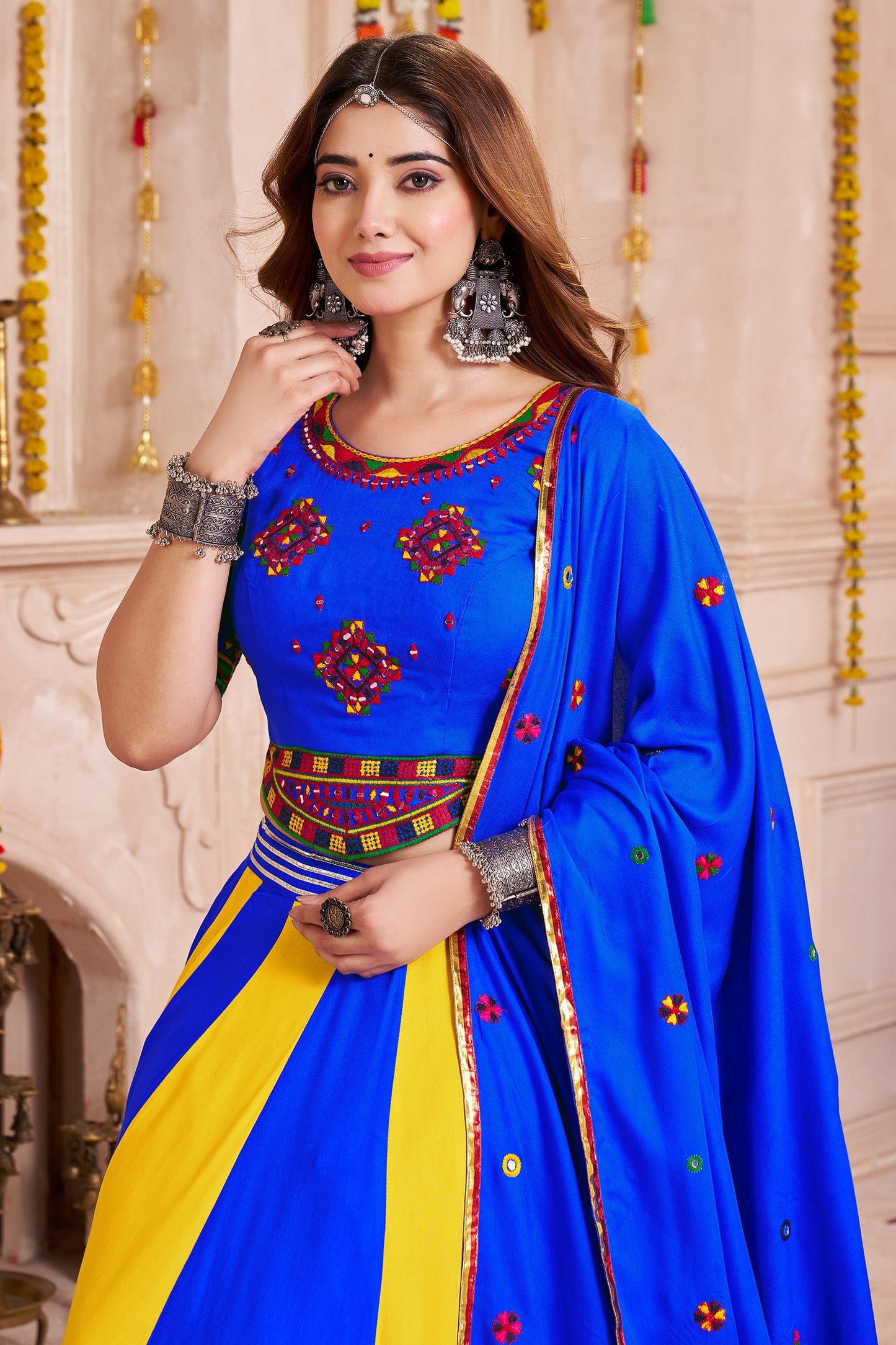Multi Colored Viscose Flared Chaniya Choli with Lampi Border