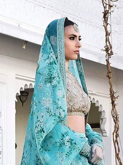 Odette Sky Blue Organza Printed Semi-Stitched lehenga For Women