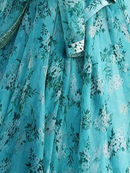 Odette Sky Blue Organza Printed Semi-Stitched lehenga For Women