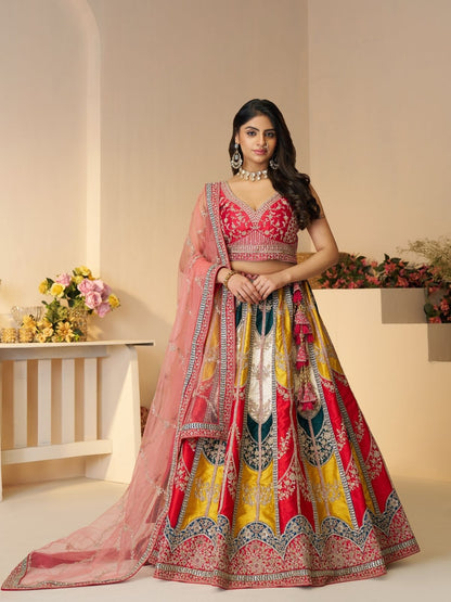 Odette Multicolor Silk Blend Embroidered Semi-Stitched Lehenga For Women