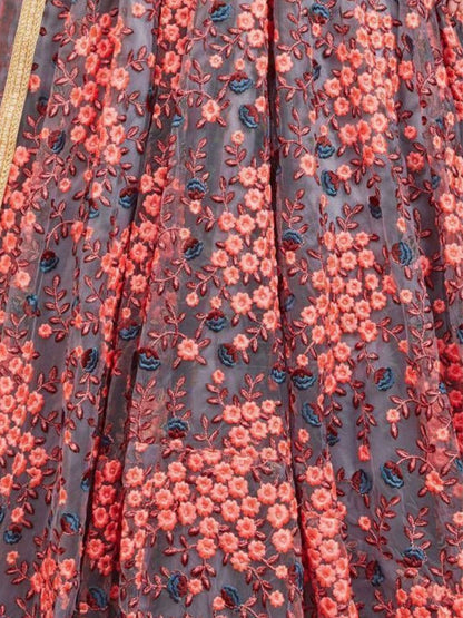 Odette Grey Net Embroidered Semi-Stitched lehenga For Women