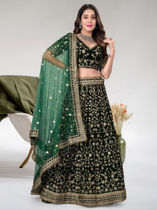 Odette Green Velvet Embroidered Semi-Stitched Lehenga For Women