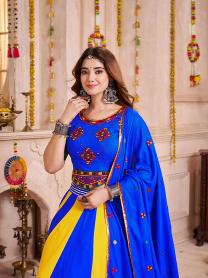 Odette Blue Cotton Blend Solid With Golden Border Semi-Stitched Lehenga For Women