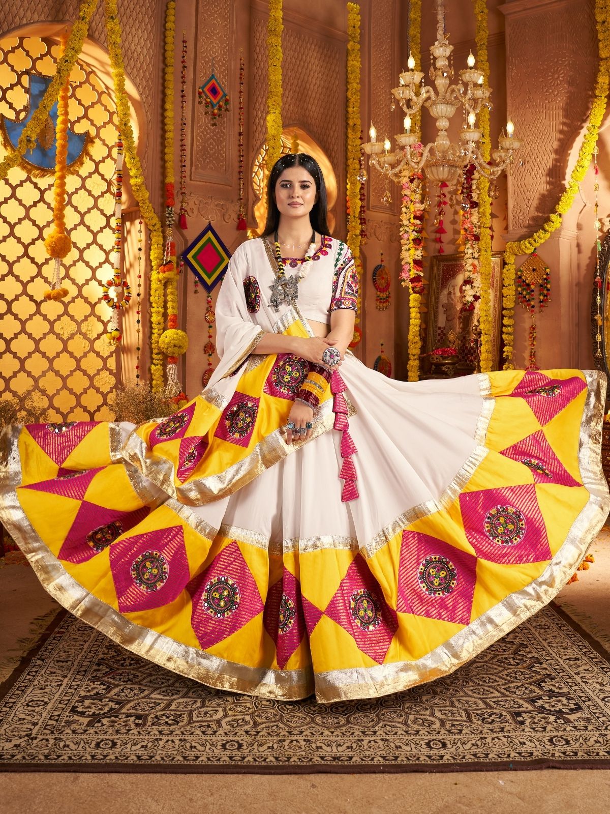 Odette Multicolor Viscose Cotton Embroidered Semi-Stitched lehenga With Patch Work And Stunning Tassels For Women