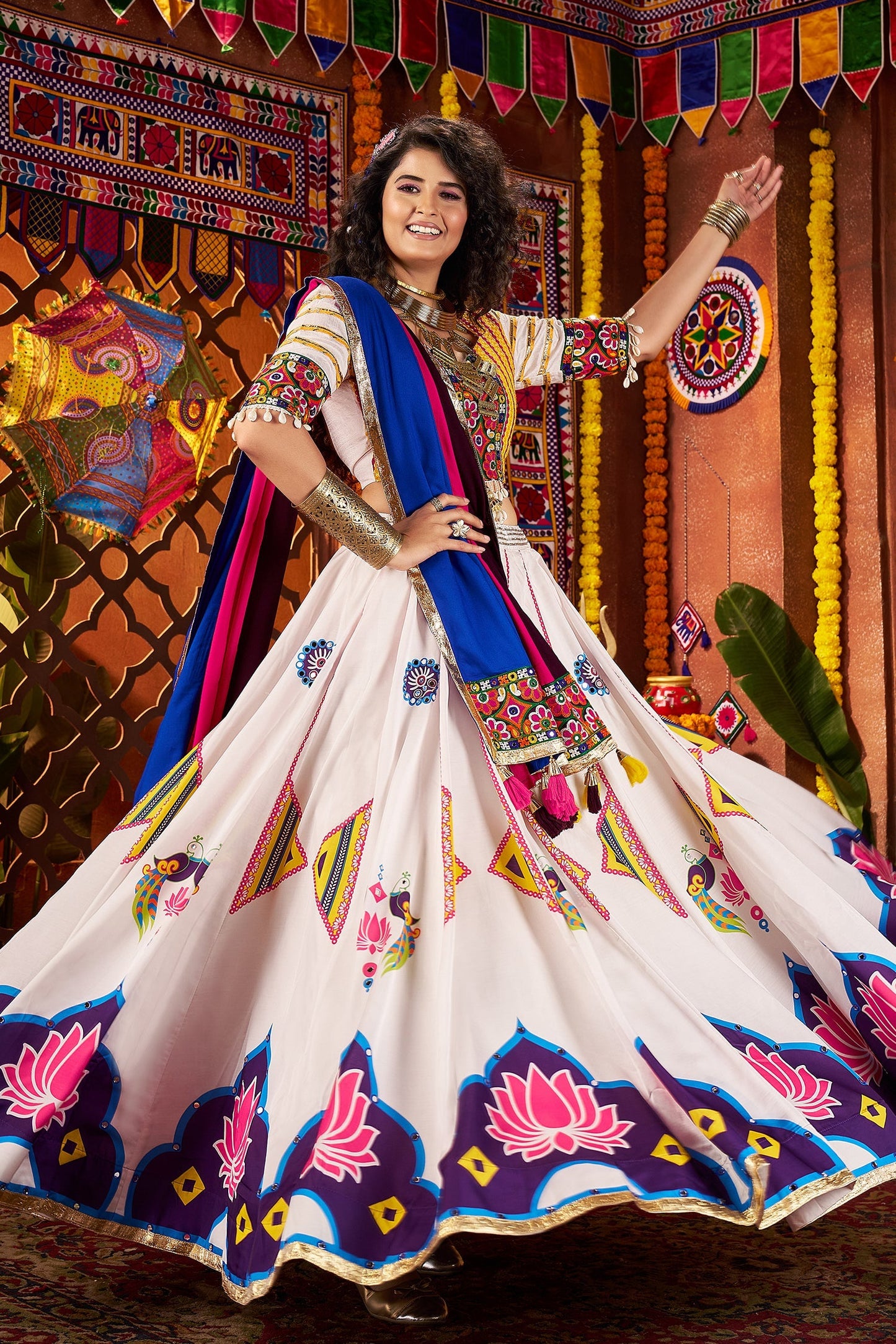 Off White Gaji Silk Printed and Mirror Worked Chaniya Choli