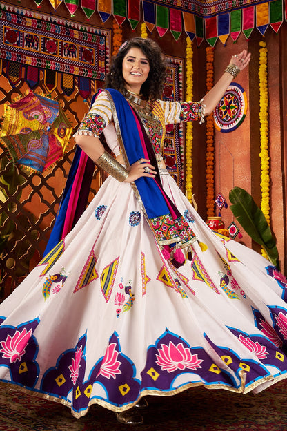 Off White Gaji Silk Printed and Mirror Worked Chaniya Choli