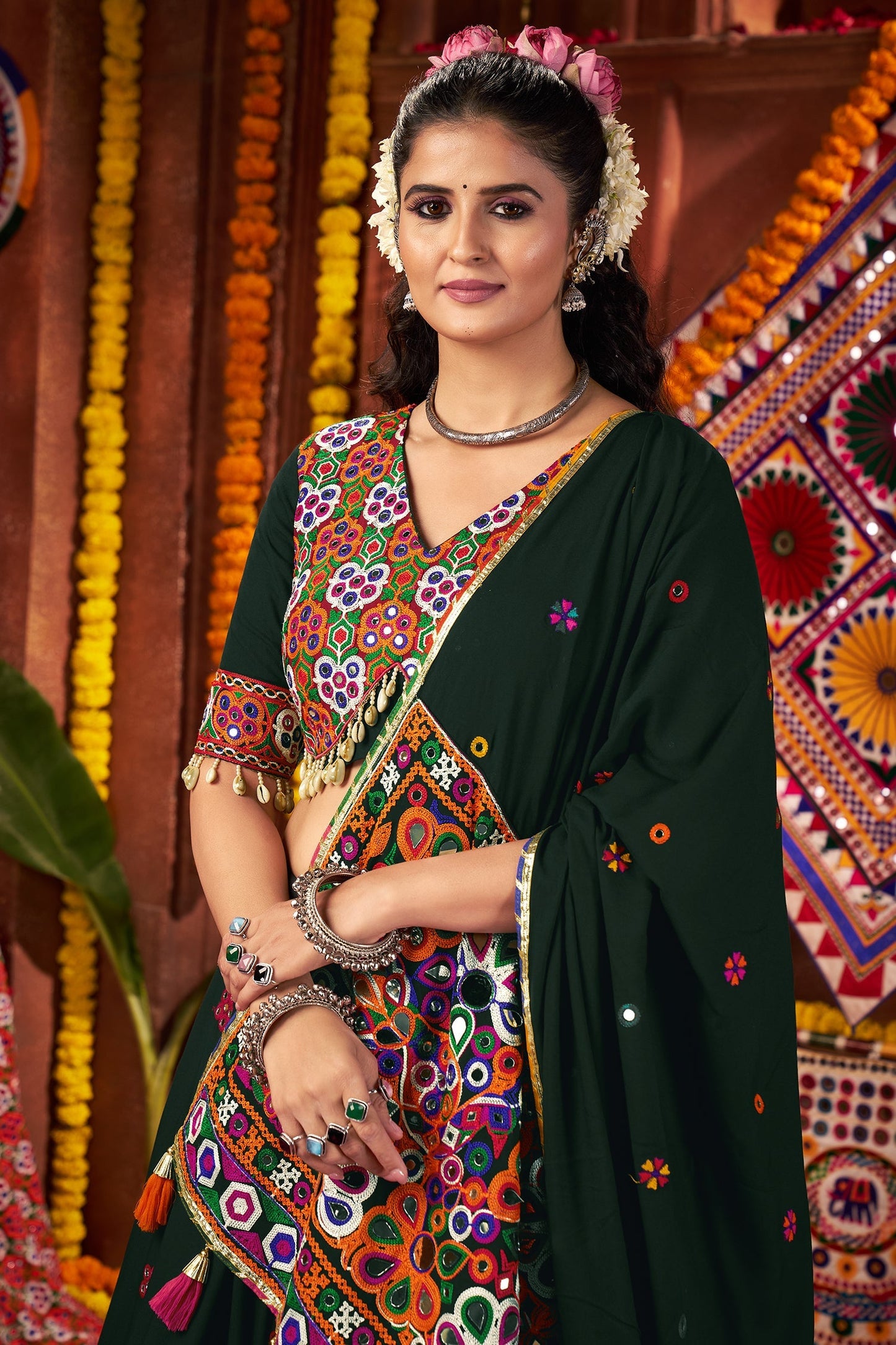 Green Viscose Cotton Chaniya Choli with Kachchi Worked Dupatta