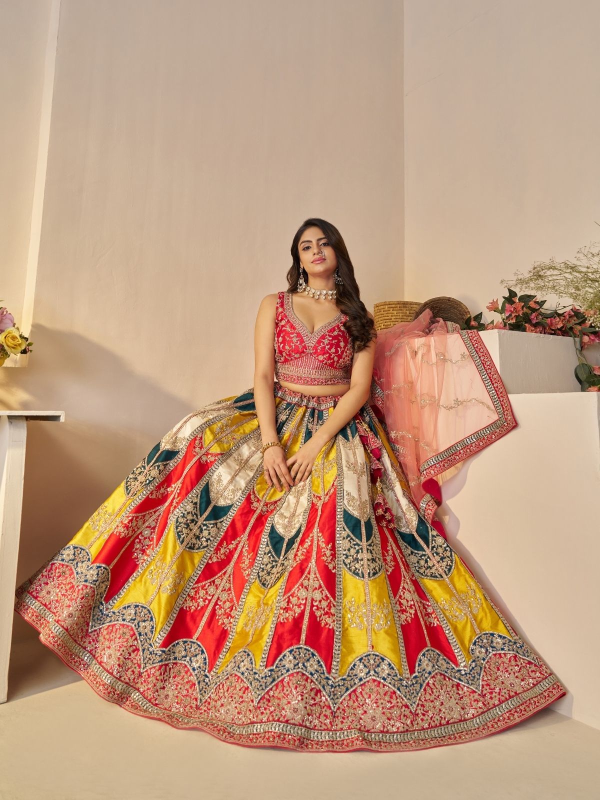 Odette Multicolor Silk Blend Embroidered Semi-Stitched Lehenga For Women