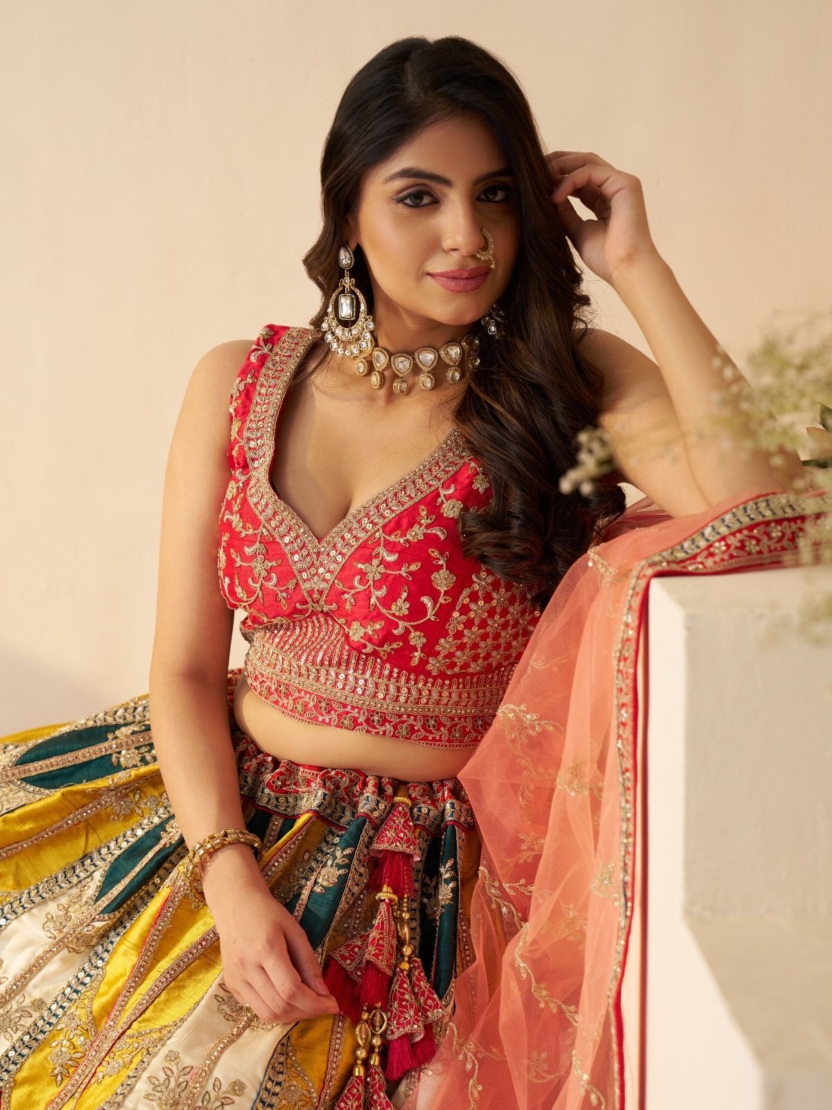 Odette Multicolor Silk Blend Embroidered Semi-Stitched Lehenga For Women