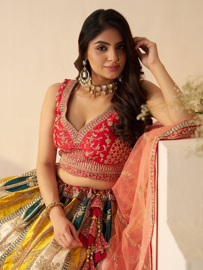 Odette Multicolor Silk Blend Embroidered Semi-Stitched Lehenga For Women