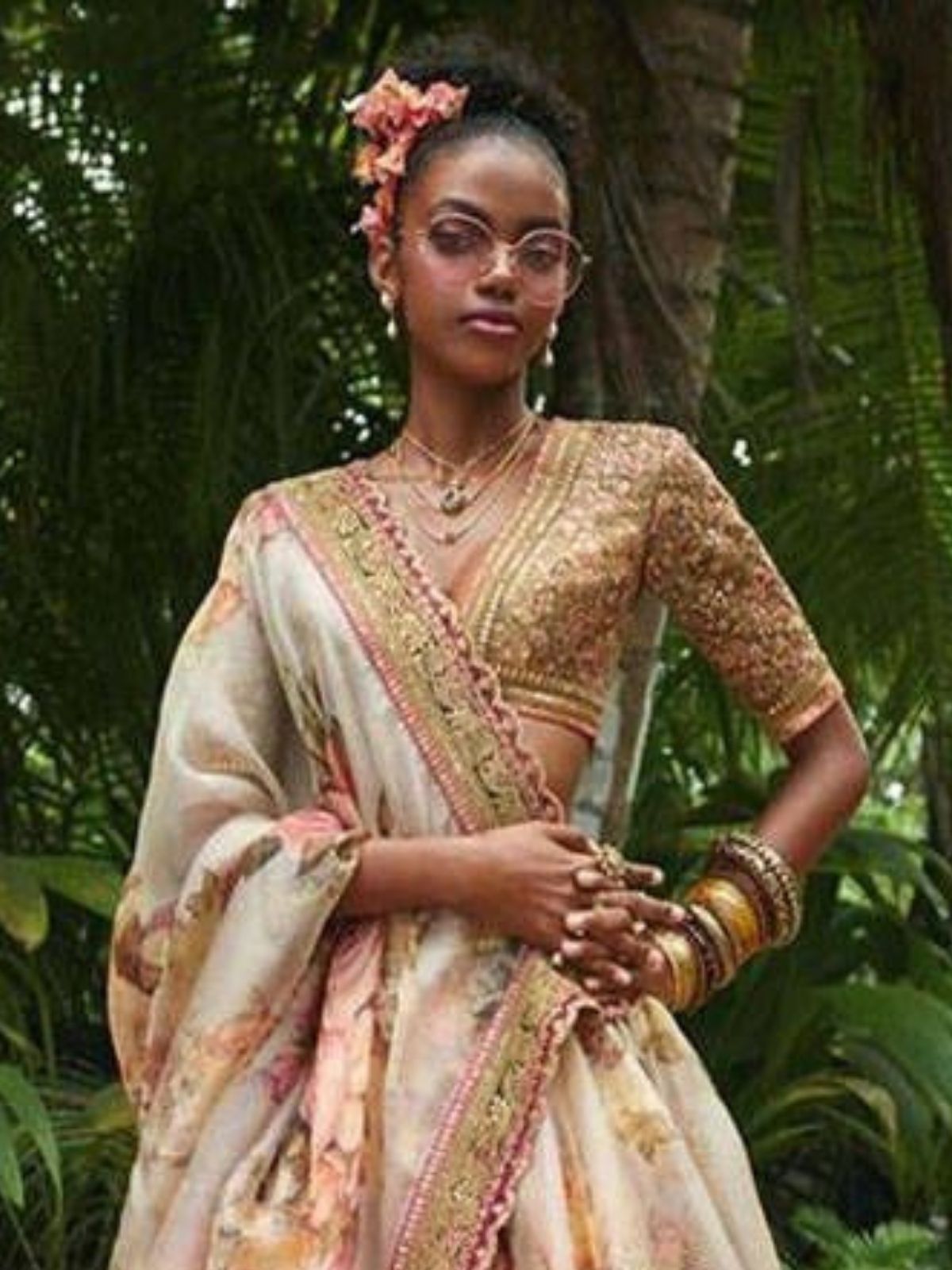 Odette Off-White Organza Printed Semi-Stitched lehenga For Women