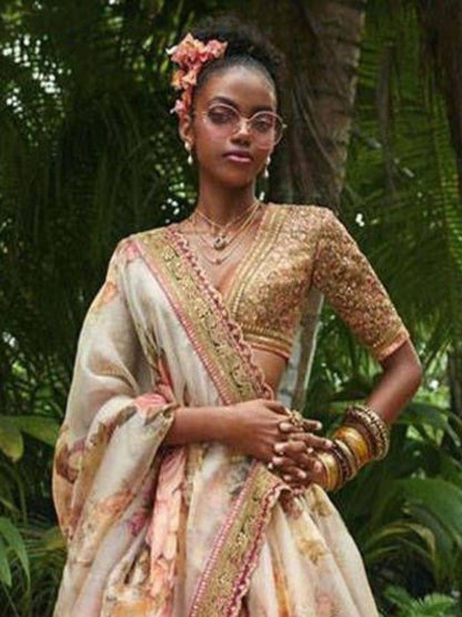 Odette Off-White Organza Printed Semi-Stitched lehenga For Women