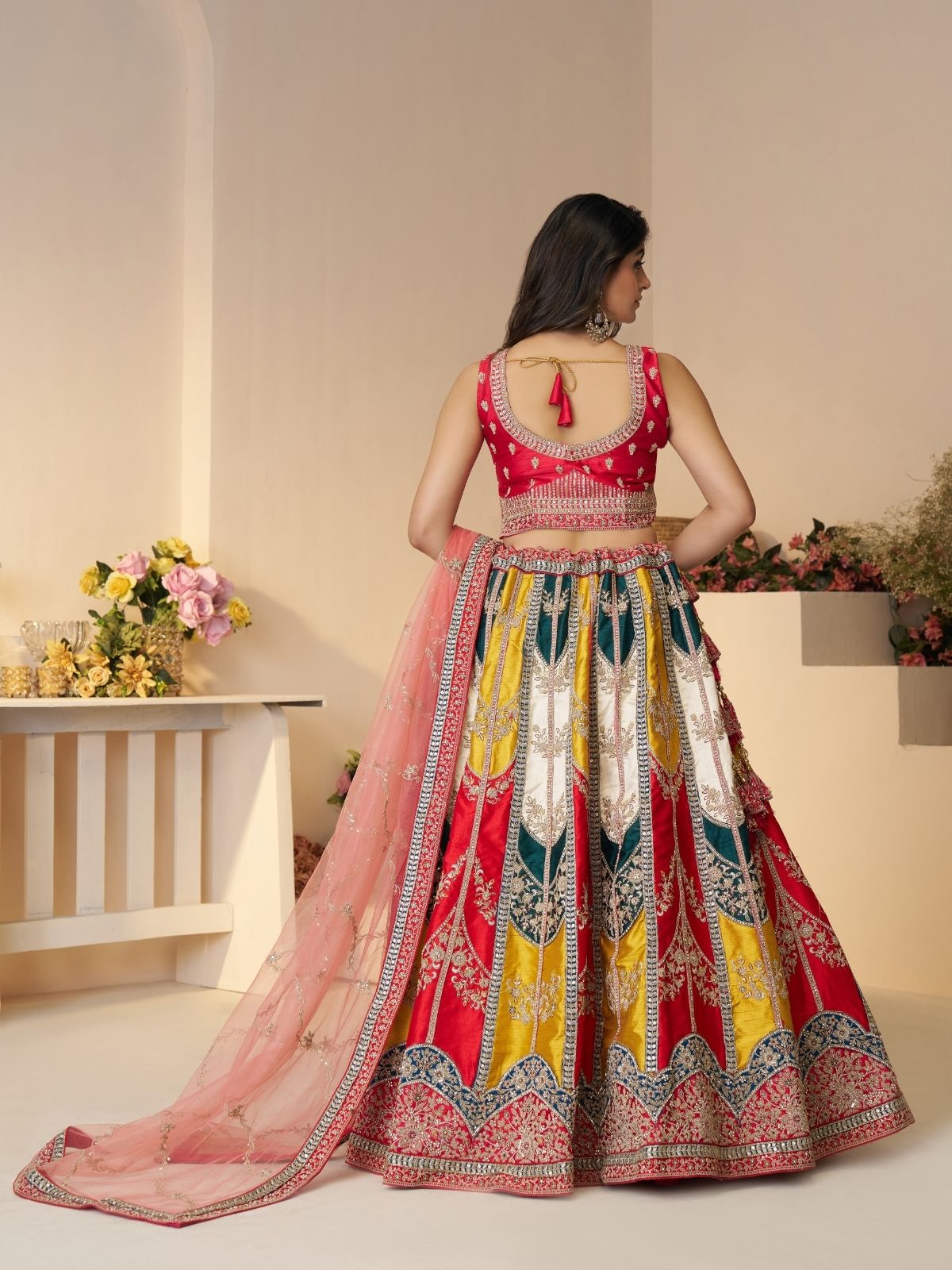 Odette Multicolor Silk Blend Embroidered Semi-Stitched Lehenga For Women