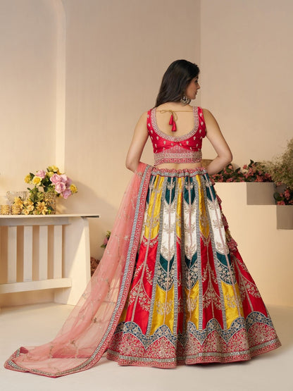Odette Multicolor Silk Blend Embroidered Semi-Stitched Lehenga For Women