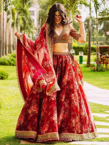 Odette Maroon Organza Printed Semi-Stitched lehenga For Women