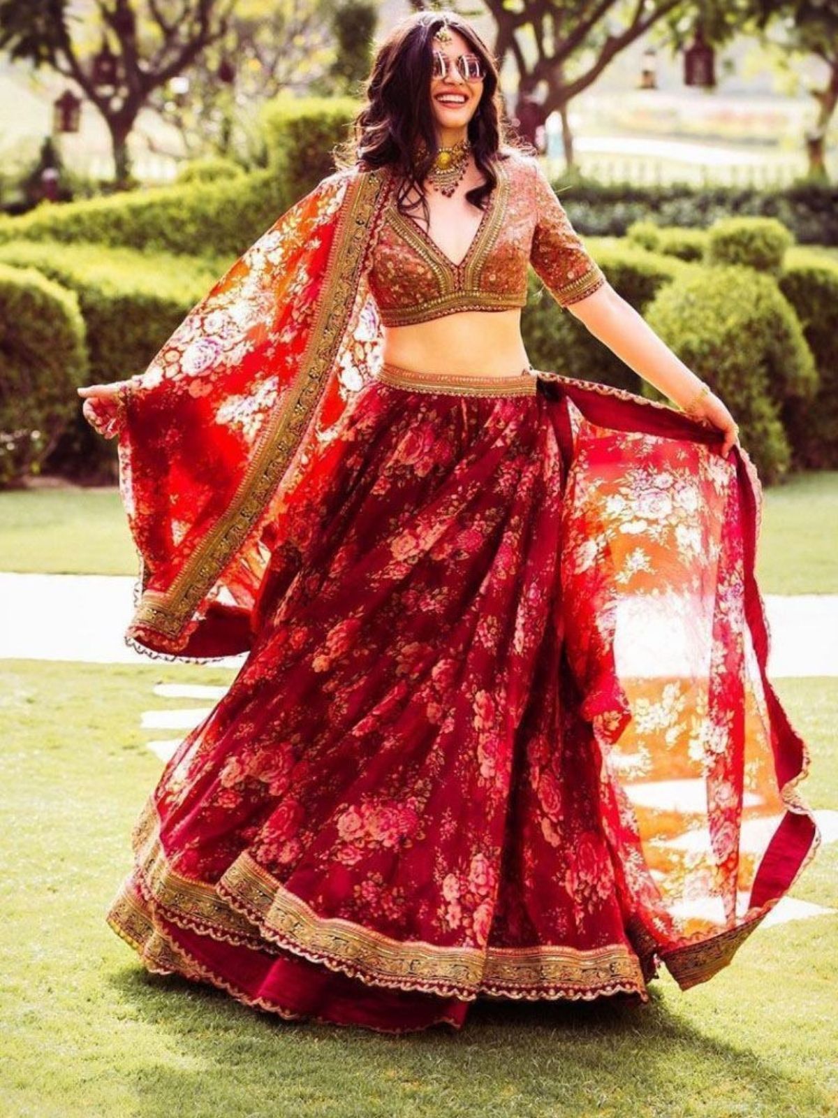 Odette Maroon Organza Printed Semi-Stitched lehenga For Women
