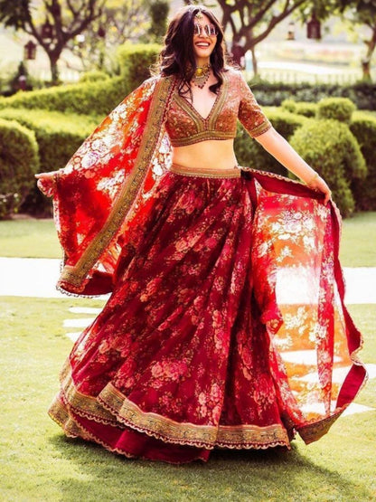 Odette Maroon Organza Printed Semi-Stitched lehenga For Women