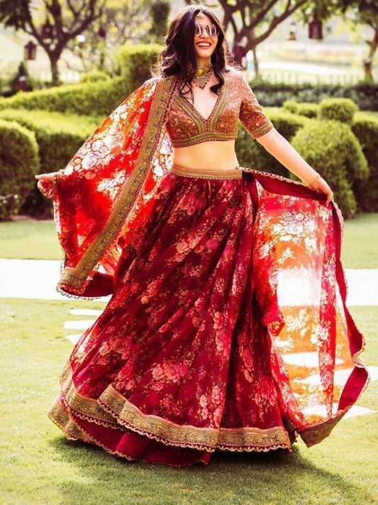 Odette Maroon Organza Printed Semi-Stitched lehenga For Women