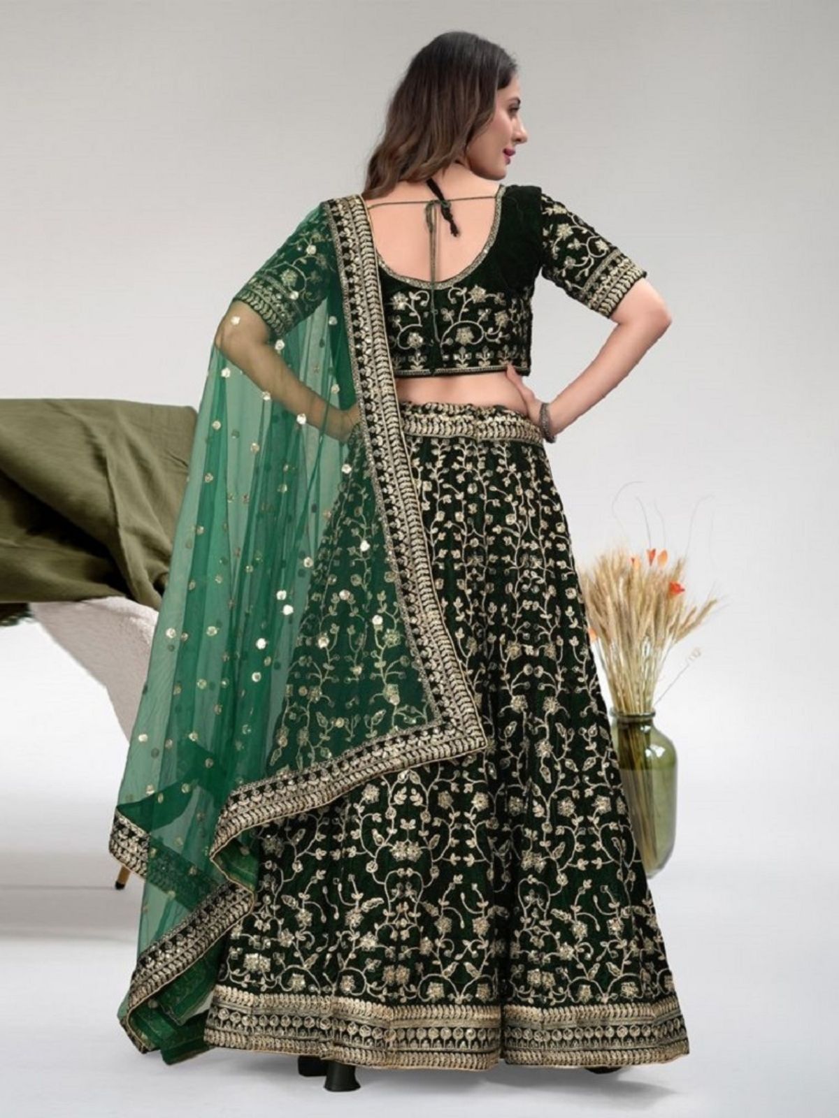 Odette Green Velvet Embroidered Semi-Stitched Lehenga For Women