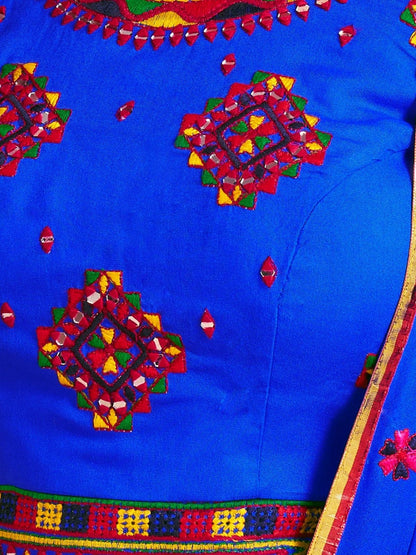 Odette Blue Cotton Blend Solid With Golden Border Semi-Stitched Lehenga For Women