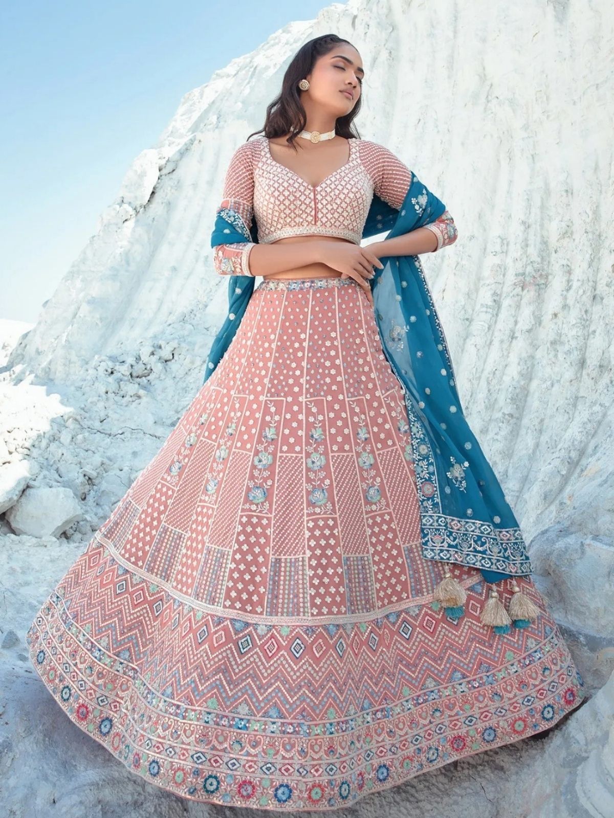 Odette Peach Georgette Embellished Semi-Stitched lehenga For Women