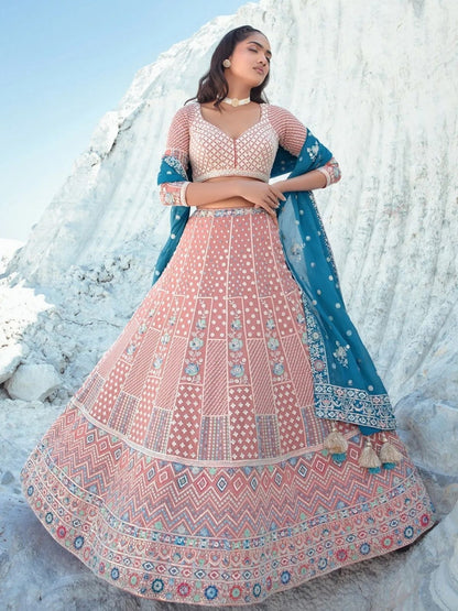 Odette Peach Georgette Embellished Semi-Stitched lehenga For Women