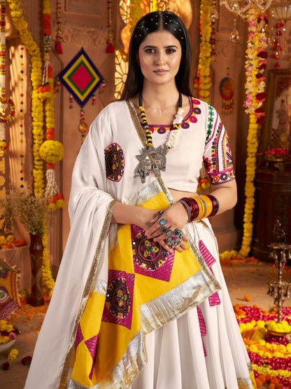 Odette Multicolor Viscose Cotton Embroidered Semi-Stitched lehenga With Patch Work And Stunning Tassels For Women