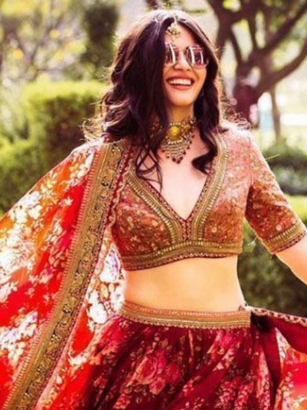 Odette Maroon Organza Printed Semi-Stitched lehenga For Women