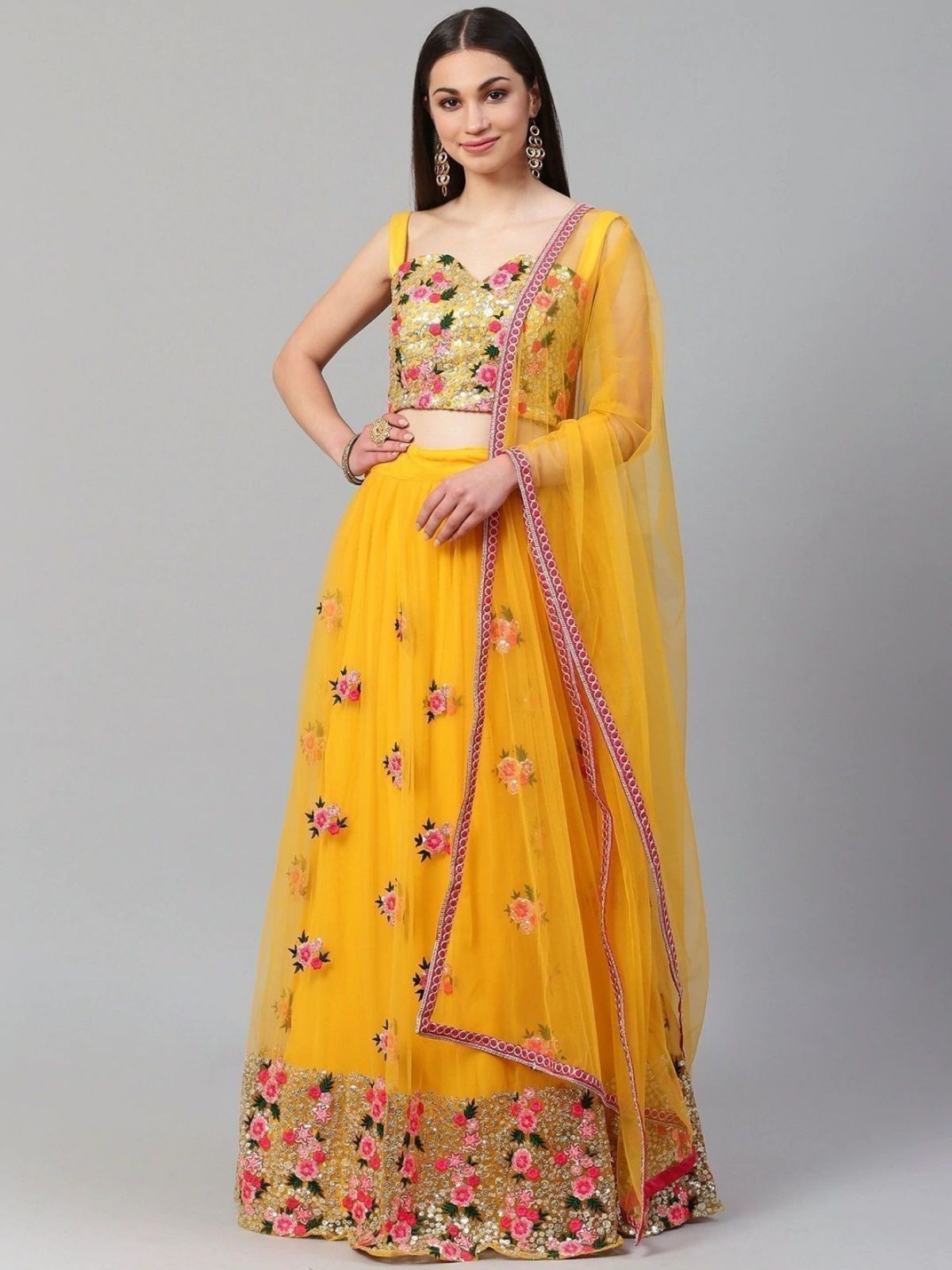 Odette Yellow Net Embroidered Semi-Stitched lehenga For Women